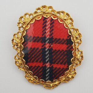 Vintage 2 in 1 Oval Tartan Plaid Gold Bezelled Pin Brooch & Pendant Ornate Bezel